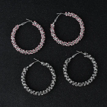 

Pink/black/white Crystal Hoop Earrings Silver Plated Metal Round Circle Rhinestone Large Hoop Earrings for Women jewelry E632
