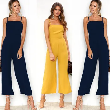 

2019 Summer Straight Sling One Shoulder Back 9 Points Wide Leg Pants Breathable Retractable Waist Trousers Women Pants