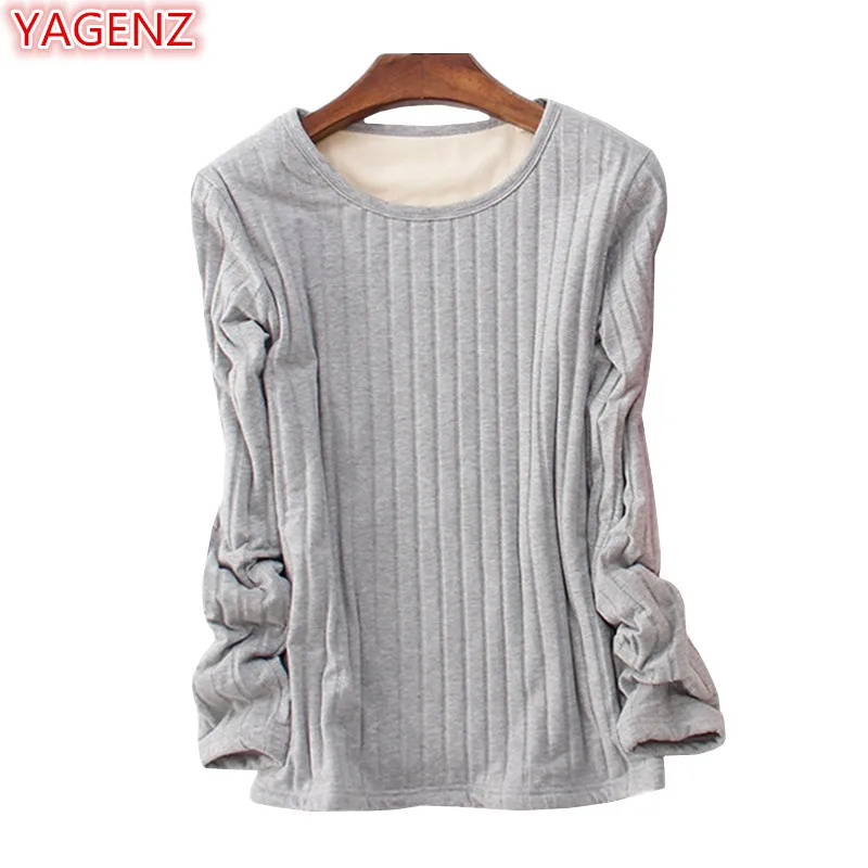 

YAGENZ Autumn Winter T-shirt Women Casual plus velvet bottoming Tshirt Fashion Warm Ladies T shirt Long sleeves O-Neck Tops 756