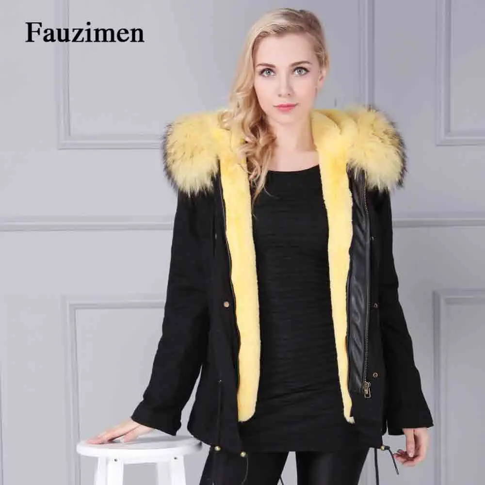 Fauzimen/куртка в Корейском стиле; парка с большим меховым воротником желтого цвета с натуральным лисьим мехом; высококачественные теплые зимние куртки на подкладке из искусственного меха; парка - Цвет: Цвет: желтый
