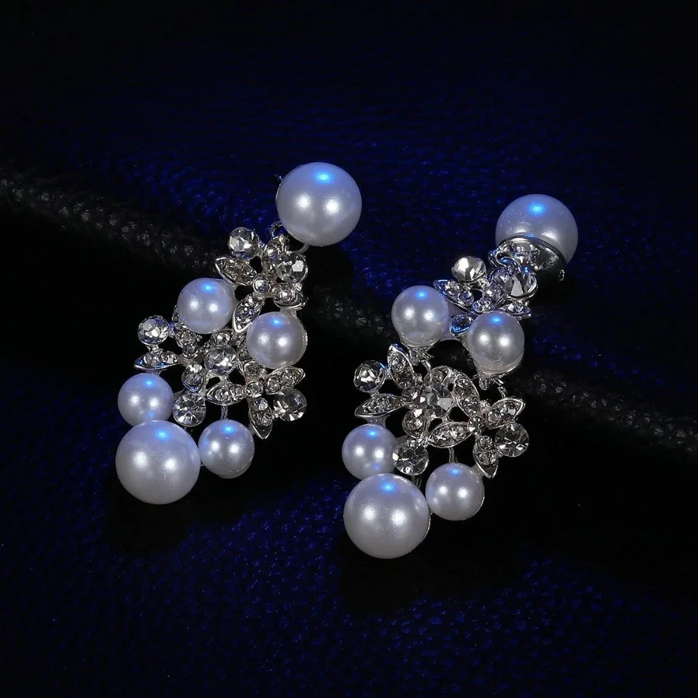 Frcolor Wedding Pearl Crown Tiara Flower Rhinestone Crystal Neckalce and Earrings Bridal Jewelry Sets (5)