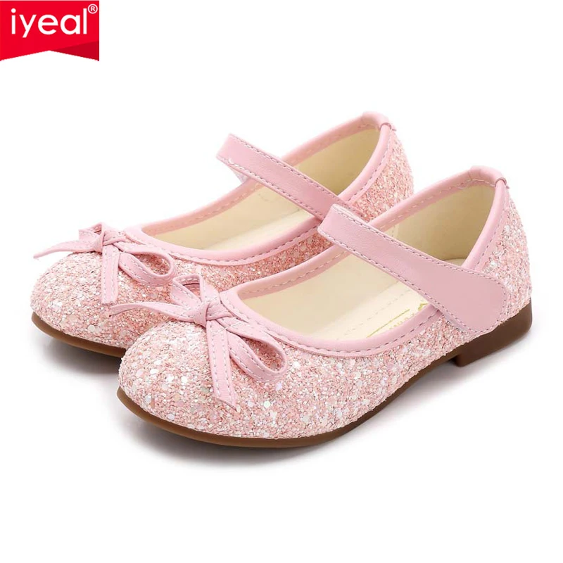 

IYEAL Princess Kids Leather Shoes For Girls Flower Casual Glitter Children Girls Shoes Butterfly Knot Blue Pink Silver Gold