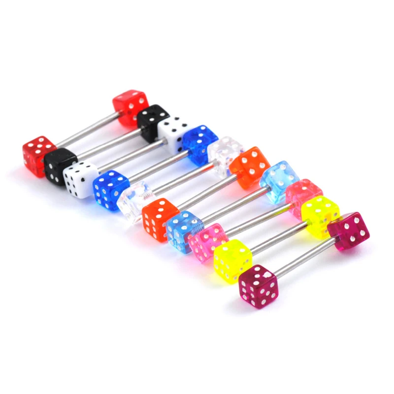 10 pçs/lote moda 316l aço cirúrgico acrílico língua piercings mix dice tounge anéis barras barbell língua piercing corpo jóias|Joias para o corpo| -