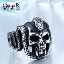 BEIER 2017 retro style stainless steel Vintage snake ring with red stone devil skull biker exquisite jewelry BR8-440