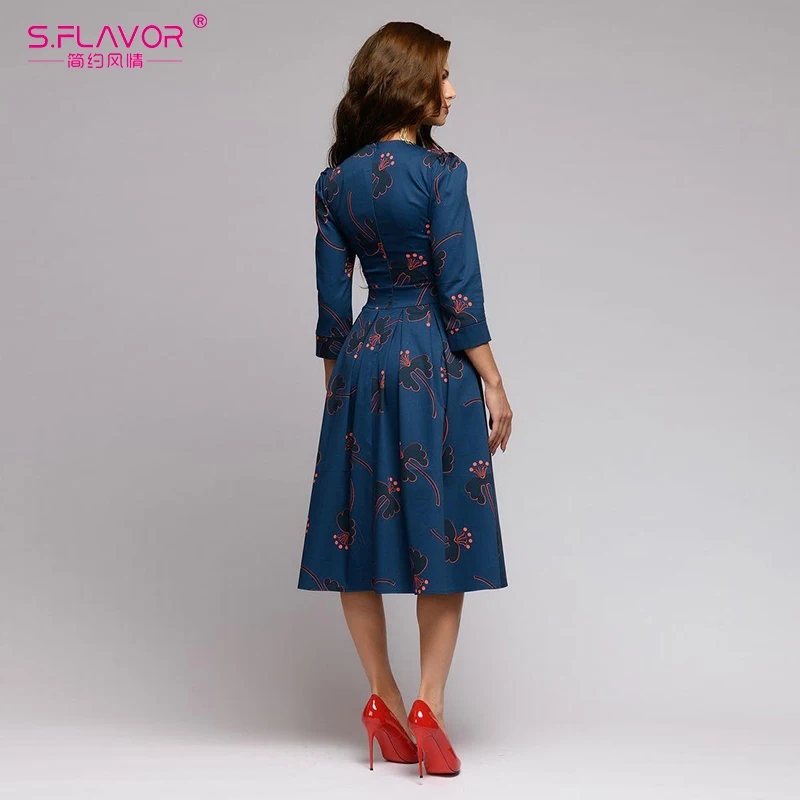 Женское платье с принтом цветов S.FLAVOR, длинное повседневное простое платье с рукавом 3/4, свободное праздничное платье для ве