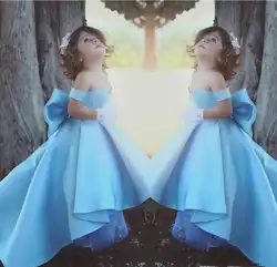 2018 Симпатичные Высокая Низкая для девочек в цветочек платья небесно-голубой с открытыми плечами Праздничное платье с бантом для девочек
