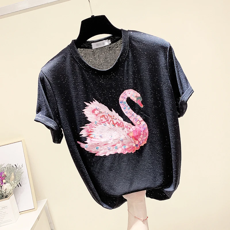 

New Fashion Women Elegant swan O Neck T shirt Femal Sequins Embroidery T-shirt Casual Top Tees Plus Size S-XL Free Shipping