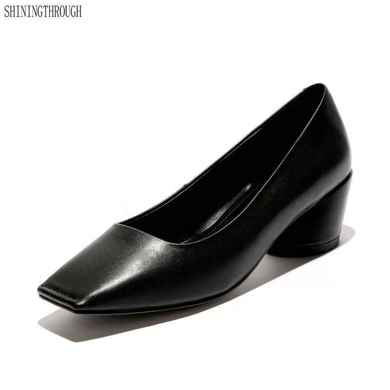 

Handmade Shoes Genuine Leather Spring Pumps Office Slip On square Heels square Toe Footwear Famous Brand Women big size 10 11 12