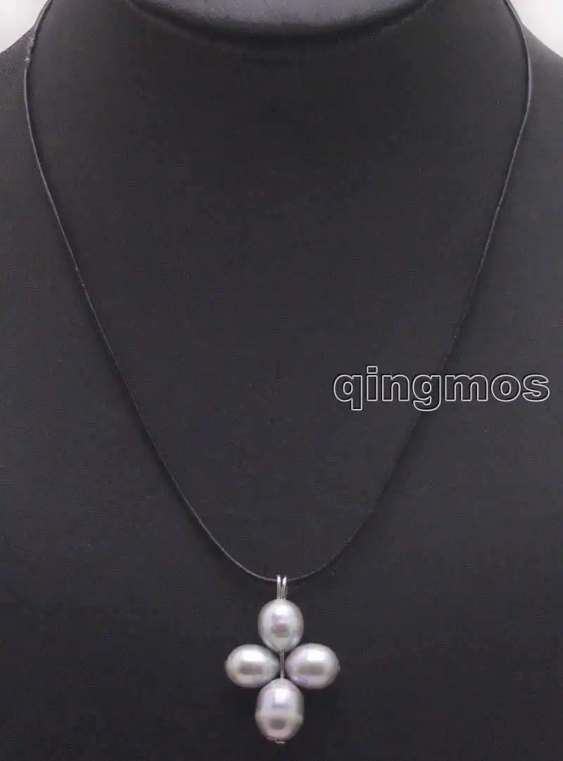 

Big 10-11mm gray rice Natural FW Pearl pendant & Black Genuine Leather 18" Necklace-5919 wholesale/retail Free shipping