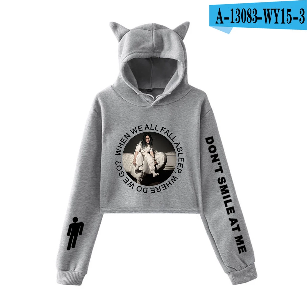 gray Billieeilish Billie eilish Женская Сексуальная толстовка с кошачьими ушками модный тренд короткий кошачий Топ Горячая Распродажа Kpop Harajuku толстовки Толстовка - Цвет: gray