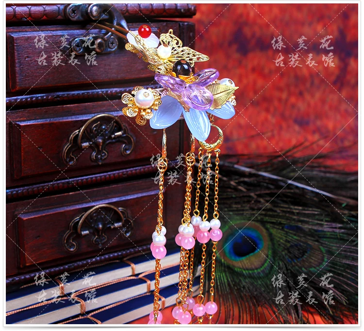 Die Lian Hua Butterfly Lover Flower Colored Flower Tassel Hair Stick Bride Wedding Hair Stick Photography Hair Accessory colored hui ink stick chinese painting colored ink block set painting calligraphy writing inker ink stone watercolor solid ink