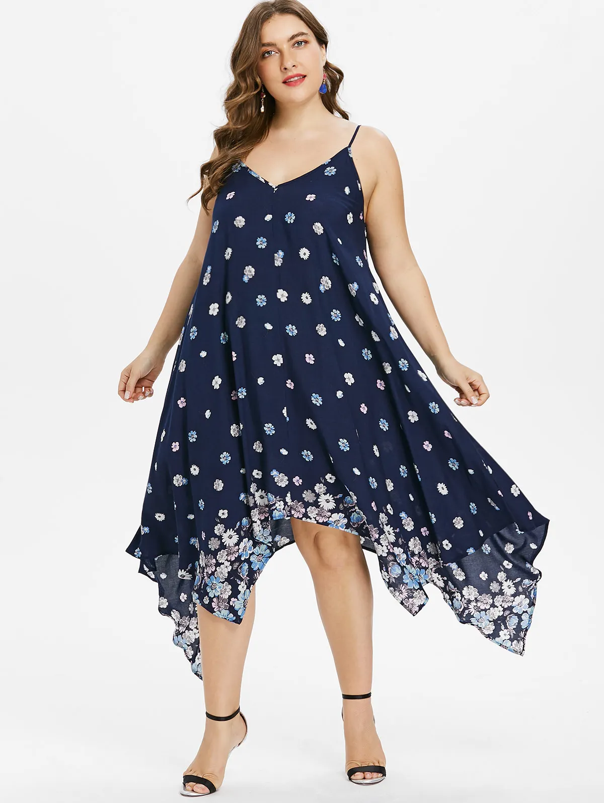Wipalo Women Summer Plus Size 5XL Tiny Floral Handkerchief Slip Dress ...