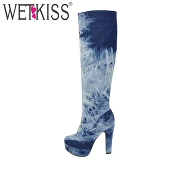 

WETKISS Plus Size 33-50 Denim Knee Boots Woman Fashion Jeans Shoes for Women High Heels Platform Winter Boots Colored Zipper