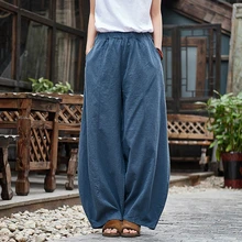Johnature estilo casual algodão de linho calças femininas 2021 primavera verão nova cintura elástica cor sólida calças femininas do vintage perna larga