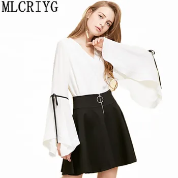 

blusas mujer de moda 2019 New Spring Summer Chiffon Blouse Women Flare Long Sleeve White Shirt Pink Top Female Clothing YQ096