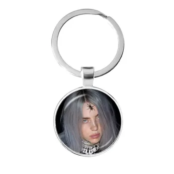 

Hot Billie Eilish Fans Key Chain Fashion Singer Harajuku Print Handmade Glass Cabochon Keychain Punk Metal Keyrings For Gift