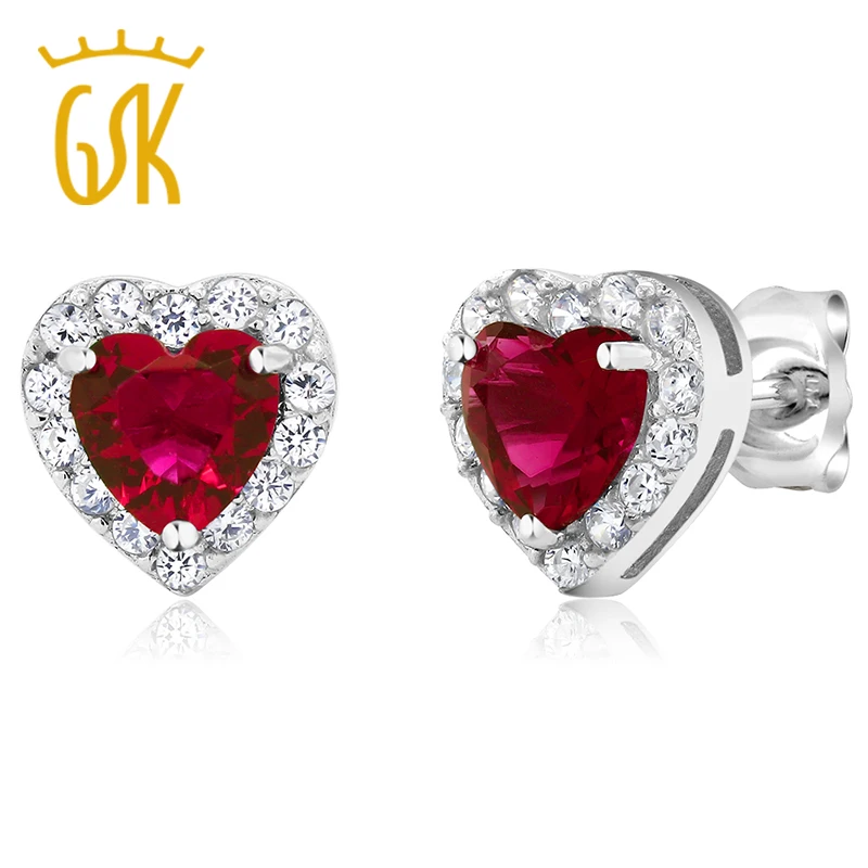 Image 2.32 Ct Heart Shape Ruby Red Zirconia 925 Sterling Silver Earrings