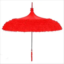 Лидер продаж 16 К красный с длинными ручка Кружево Зонтик Свадебный зонтик Для женщин зонтик невесты зонтик
