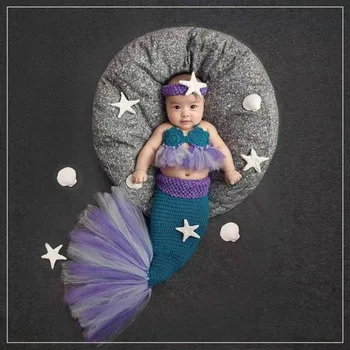

Children accessories Mermaid style Crochet Newborn Photo Props Knitting headband Tutu Bra and Cocoon Fishtail Set Photo Props