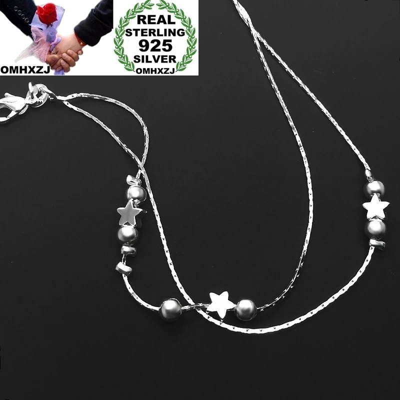 

OMHXZJ Wholesale European Fashion Woman Girl Party Birthday Wedding Gift Star Beads Two Lines 925 Sterling Silver Anklet JL04