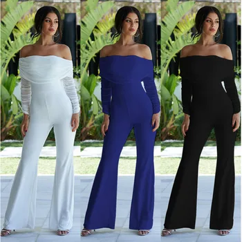 

2019 Casual Women's Clubwear Off Shoulder Mesh Patchwork Long Sleeve Sexy Playsuit Party Jumpsuit & Romper Long Trousers