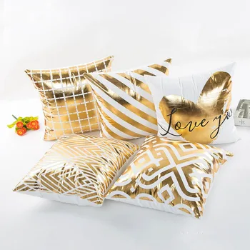 

Wholesales Golden Pillow Cover Soft Velvet Cushion Cover Golden Heart Striped Geometric Home Decorative PillowCase 45x45cm