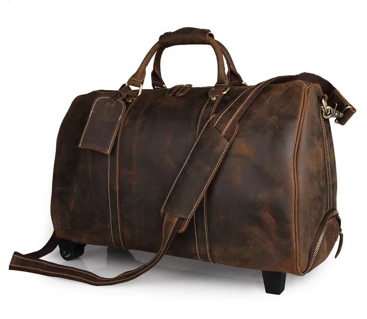 Темно-коричневый Crazy Horse кожа Дорожная сумка на колесиках для Для мужчин сумка для путешествий сумка 7077LR
