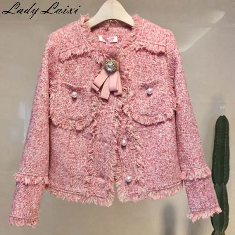 

2019 Runway Autumn Winter Tassel Female Tweed Coat Long Sleeve Elegant Loose Fashion Women Tops with pearl button