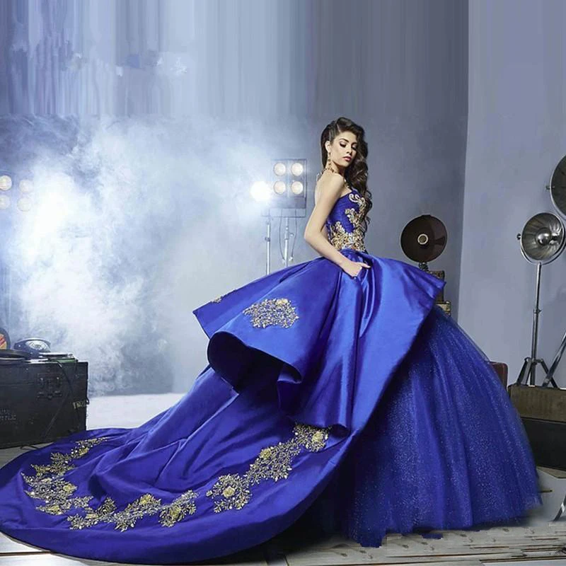 

Gorgeous Royal Blue Prom Dress Ball Gown With Gold Embroidery Sweety 16 Girls Dresses For Masquerade Party Gowns