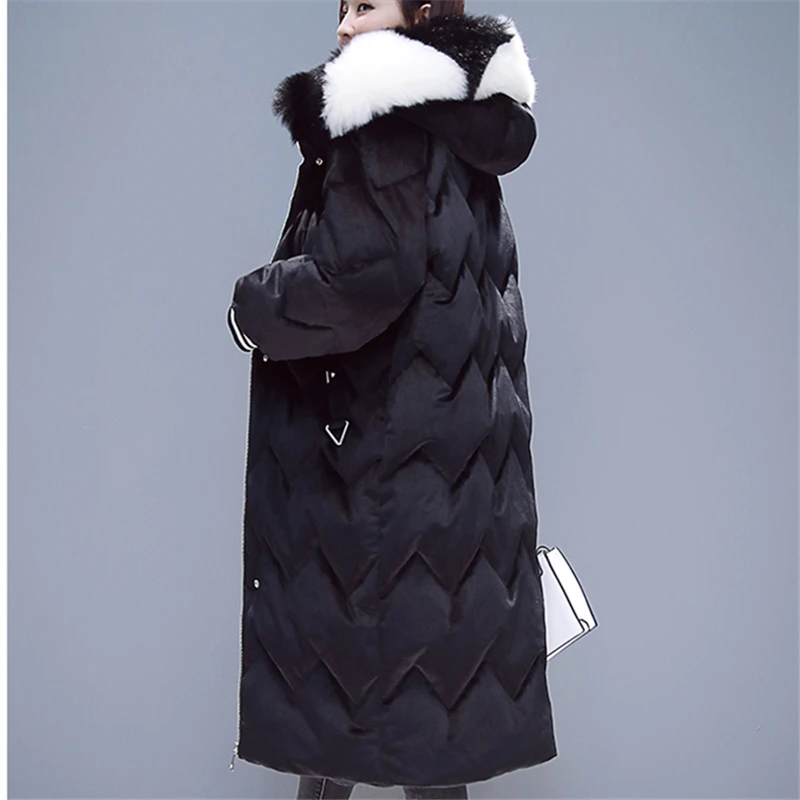 Зимнее пальто в длинном абзаце, Женская мода, меховой воротник, с капюшоном, толстая Золотая Вельветовая куртка, хлопковая одежда H0293
