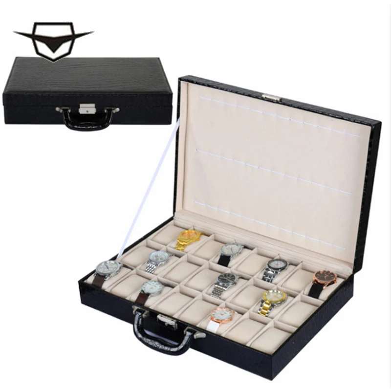 2017 Top 24 Slots watch box Storage Box Box display Box Fashion Watch Brand Watch black leather watch Gift Bag