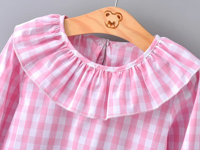 2018 Spring Baby Girls Full Sleeve Blouse Children Plaid Ruffles Collar Shirt Top Kids Flare Sleeve Jumper Girls Clothes