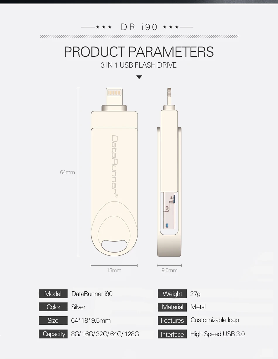 DataRunner OTG USB флеш-накопитель для iOS/Android/PC 3 в 1 микро Usb флешка 3,0 128 Гб 64 ГБ 32 ГБ 16 ГБ флэш-диск флешка