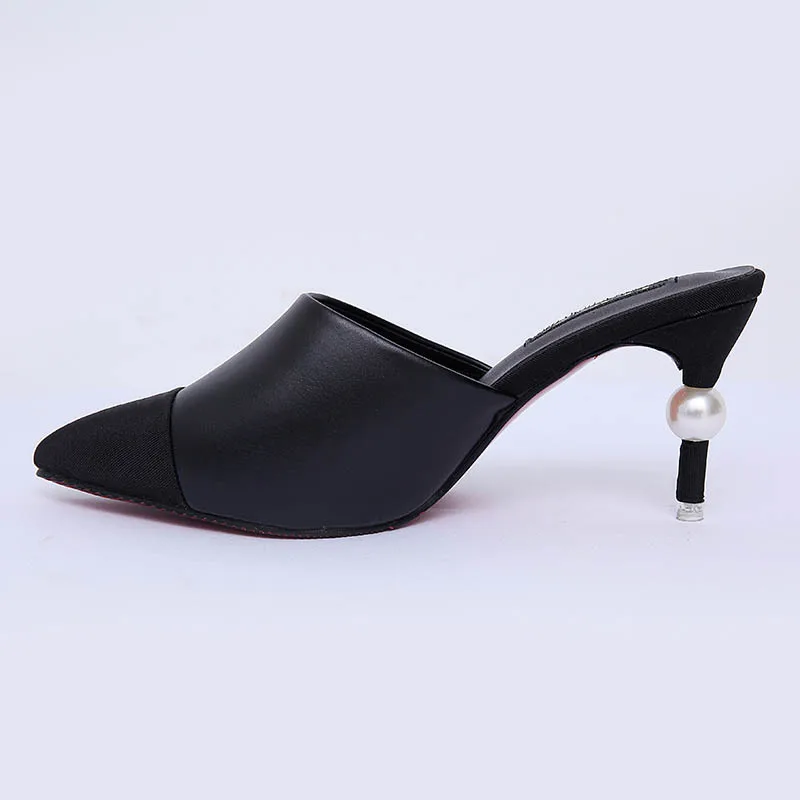 Med Pointed Toe Woman Shoes Luxury Mixed Colors Slides Metal Decoration Thin Heels Designer Slipper Cover Soft PU Rubber