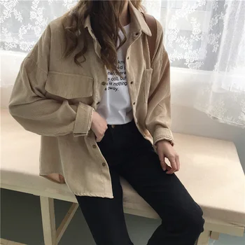 

Autumn Women Loose Shirts Blouses Korean Solid Blouse Long Sleeve Pockets Corduroy Blouses Women Tops Outwear Femme Coats