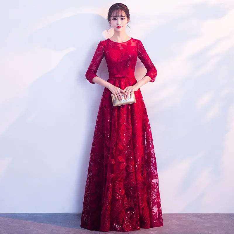 

Plus Size S-XXXL Sexy Flower Three Quarter Sleeve Cheongsam Red Chinese Lady Bride Wedding Dress Elegant Slim Improved Qipao