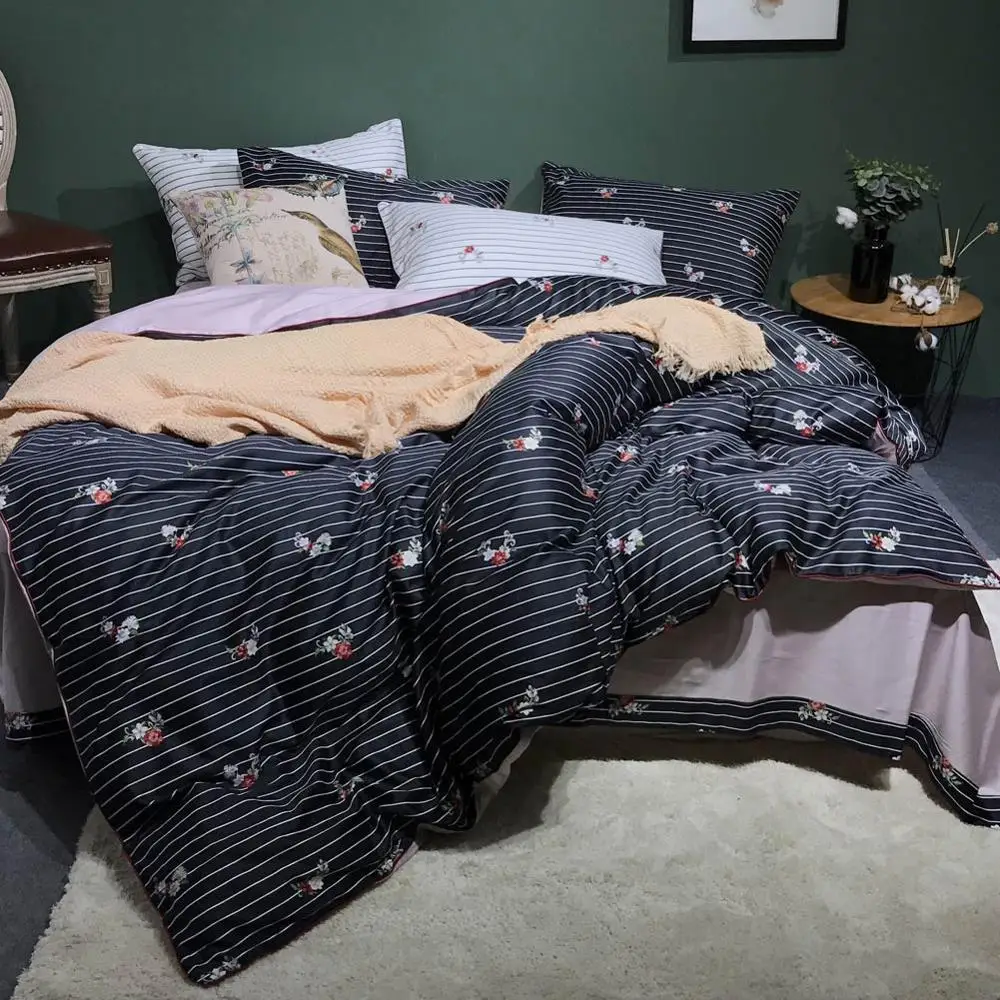 

2019 Pastoral Flowers Black White Lines Luxury Egyptian Cotton Bedding Set Queen King Size Bedlinens Flat sheet Duvet Cover Set