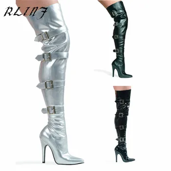 

RLINF Over The Knee Boots Belt Buckle Thigh Boots Pointed Stiletto High Heel Long Tube Stovepipe Leg Stretch Boots