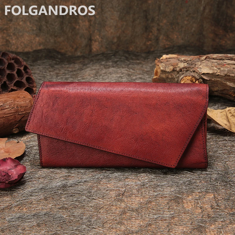 

Women Cow Leather Wallet Lady Vintage Purse Designer Handmade Genuine Leather Long Wallet Multiple Card Holder Cell Phone Pocket