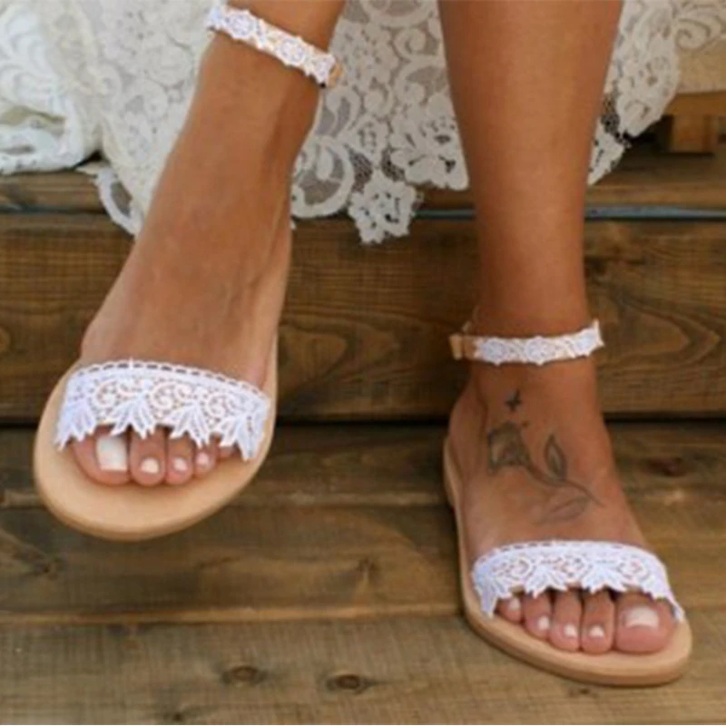 White lace flat sandals Clearance