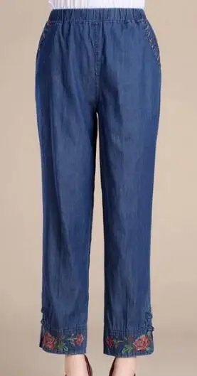 Más Elástico Madre Tamaño 4xl Quincuagenario Casual L Pantalones 9 Recto Azul Capris Mujeres Algodón Cintura Pantalón Vintage tAzfqwBR4z