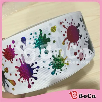 

Free shipping 3 " white with rainbow big paint hologram Foil Printed grosgrain ribbon accept custom