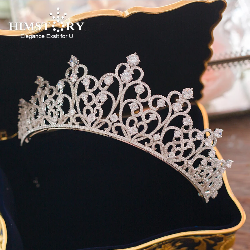 

HIMSTORY European Brides Oversize Sparkling Silver Full Zircon Tiaras Crown Luxurious CZ Hairbands Wedding Hair Accessories