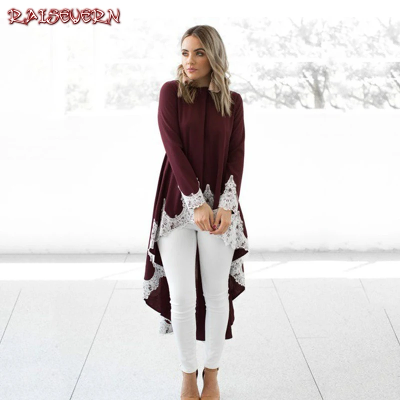 

RAISEVERN 2018 New Women's Dress Casual Front Short Back Long Casual Irregular Dress Lace Wine Dress Beige Black Long Sleeve