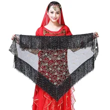 Цветная Женская одежда для танца живота, аксессуары для костюма с блестками и кисточкой, пояс с сеткой, женский шарф для танца живота