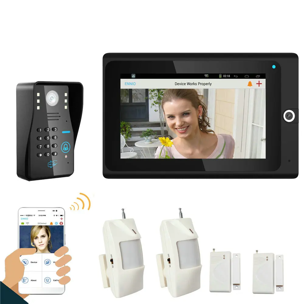 Популярные 7 "WiFi Беспроводной RFID пароль телефон видео домофон Дверные звонки IP Камера сигнализации дома Системы + Система контроля доступа