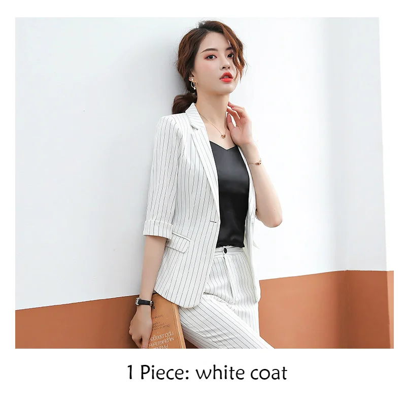 Весенне-летний женский костюм полосатая Деловая одежда блейзеры офисные женские модные повседневные рабочие пальто штаны по лодыжку костюмы Женская одежда - Цвет: white coat
