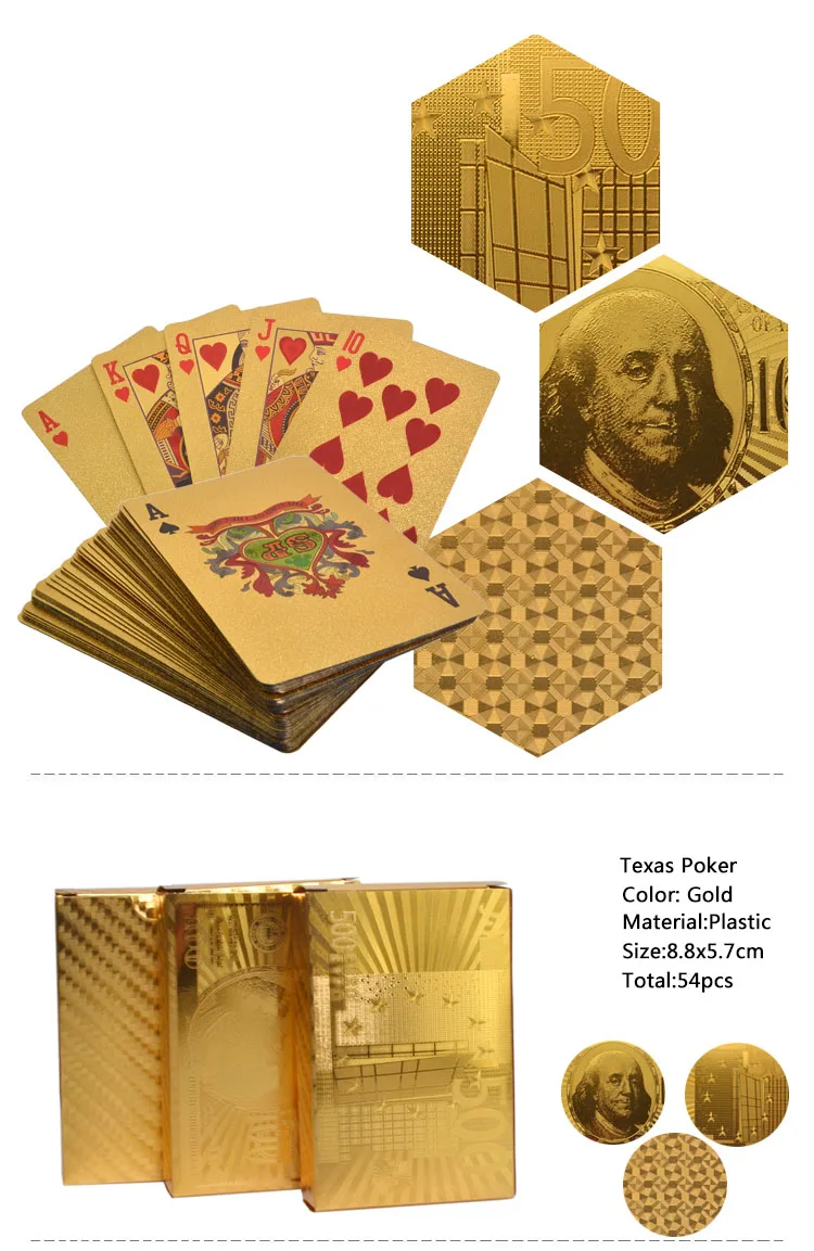 24K покрытые евро долларов США Стильные водонепроницаемые пластиковые игральные карты Золотая фольга покер ПВХ волшебные карты настольные игры Аксессуары для казино