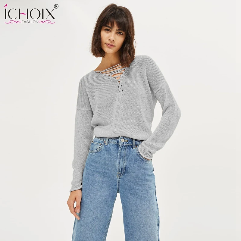 

ICHOIX 2019 New Casual Spring knitting Sweater Women Sexy V-Neck Sweaters and Pullovers Long Sleeve Loose White Knitted Sweaters