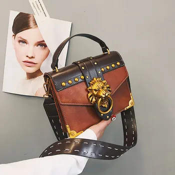 

Fashion Metal Lion Head Small Square Pack Shoulder Bag Rivet Leather Crossbody Package Clutch Women Designer Handbags Sac A Main